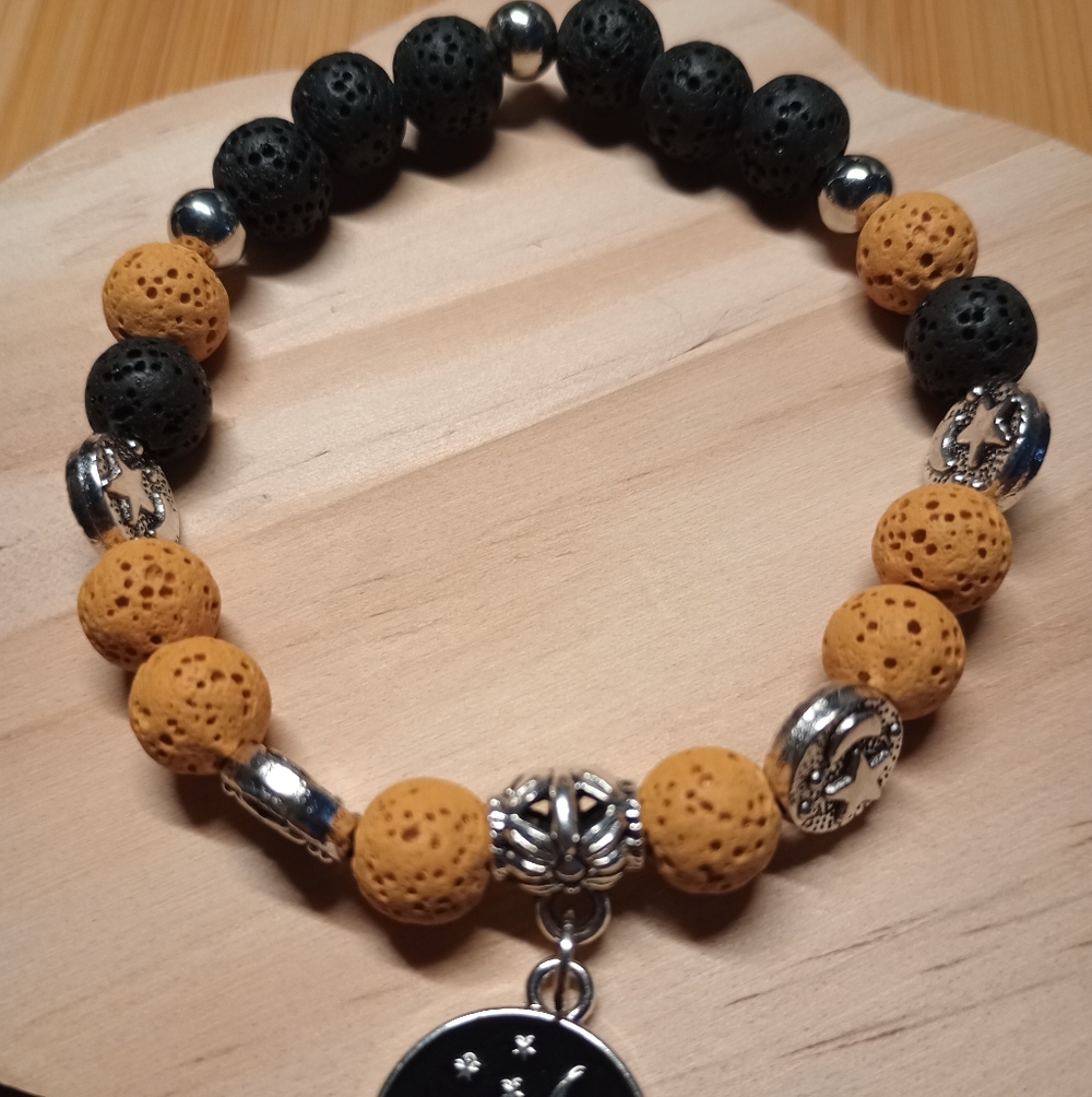 Moon & Sun Charm And Lava Stone Beaded Bracelet - Gold and Black